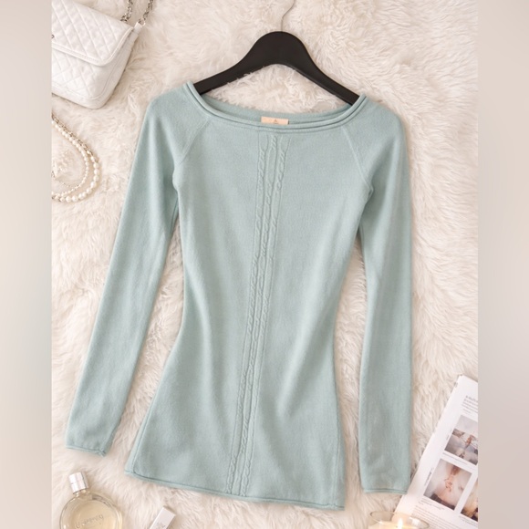 Hollister Tops - Hollister Y2K Ballet Neck Soft Knit Top Size M Cable Knit soft teal blue sweater